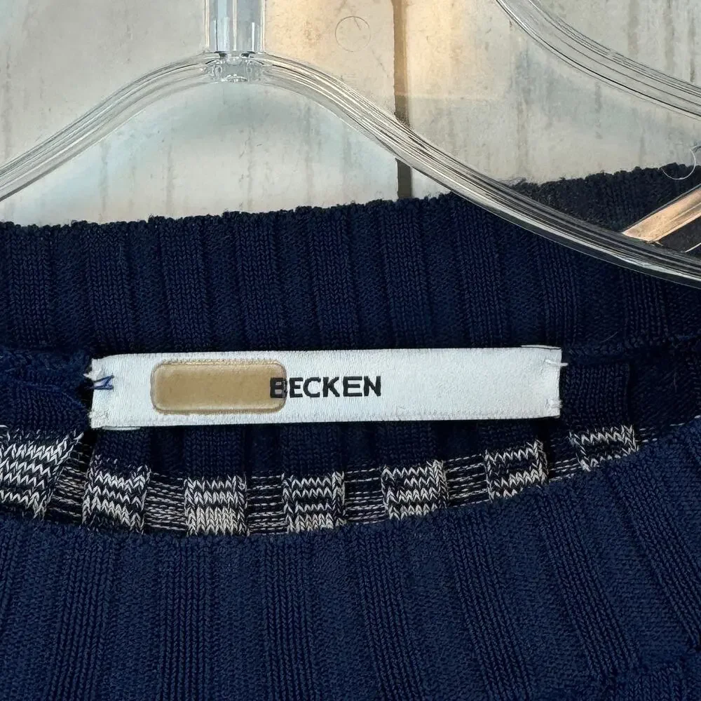 Becken Blue/Grey Striped Ribbed Crewneck Flare Long Sleeve Sweater Size XS